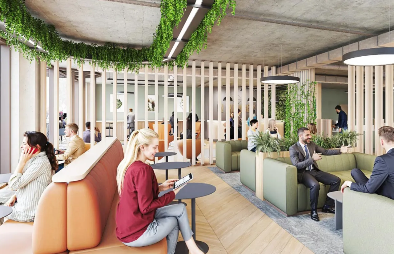 CGI of a breakout area with sofas, booths and planting