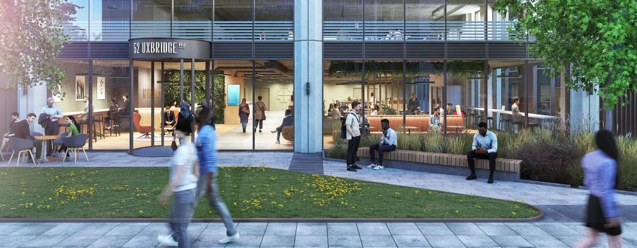 CGI of the glazed ground floor entrance and café of 52 Uxbridge Road