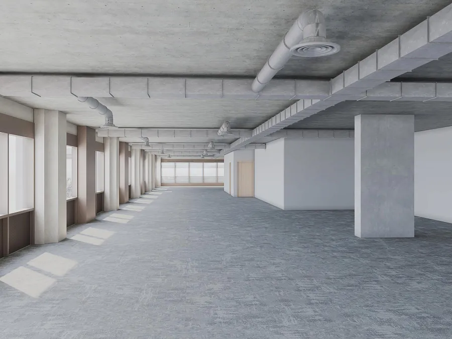 CGI of an open, unfitted office floor with exposed services