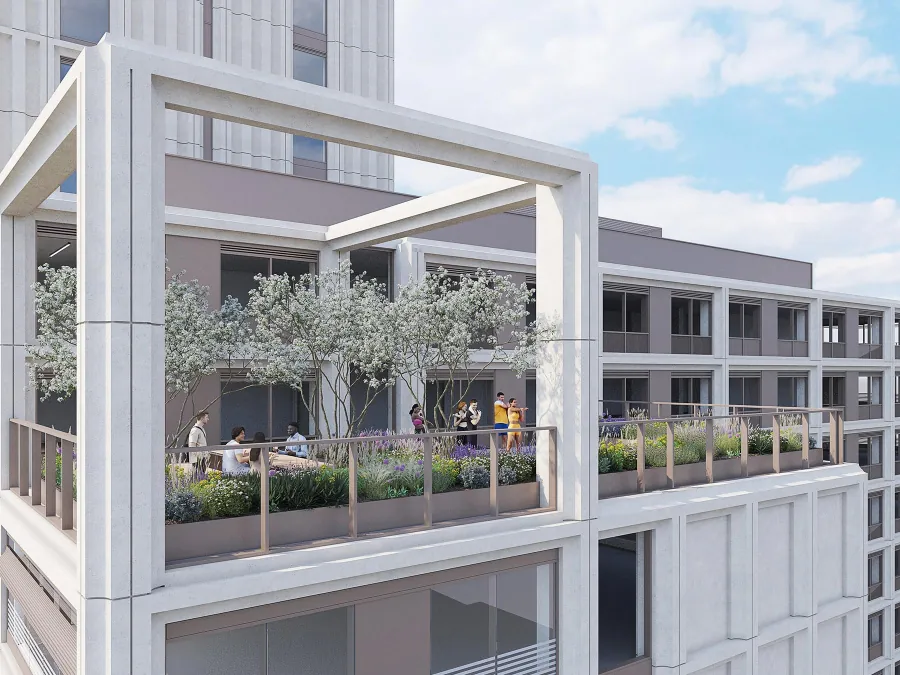 CGI of a roof terrace with trees and seating under a white frame