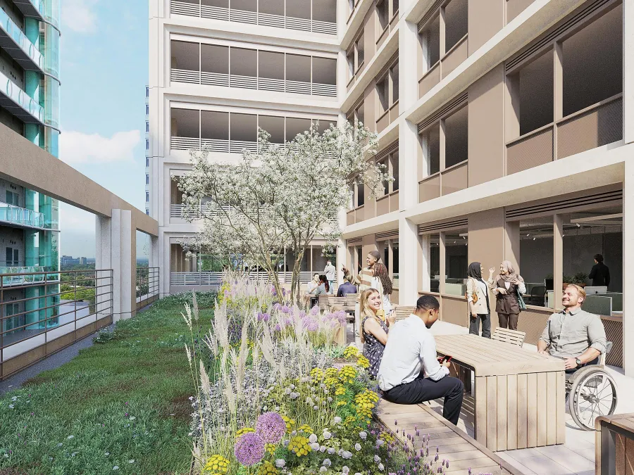CGI of the landscaped terrace with planting and seating
