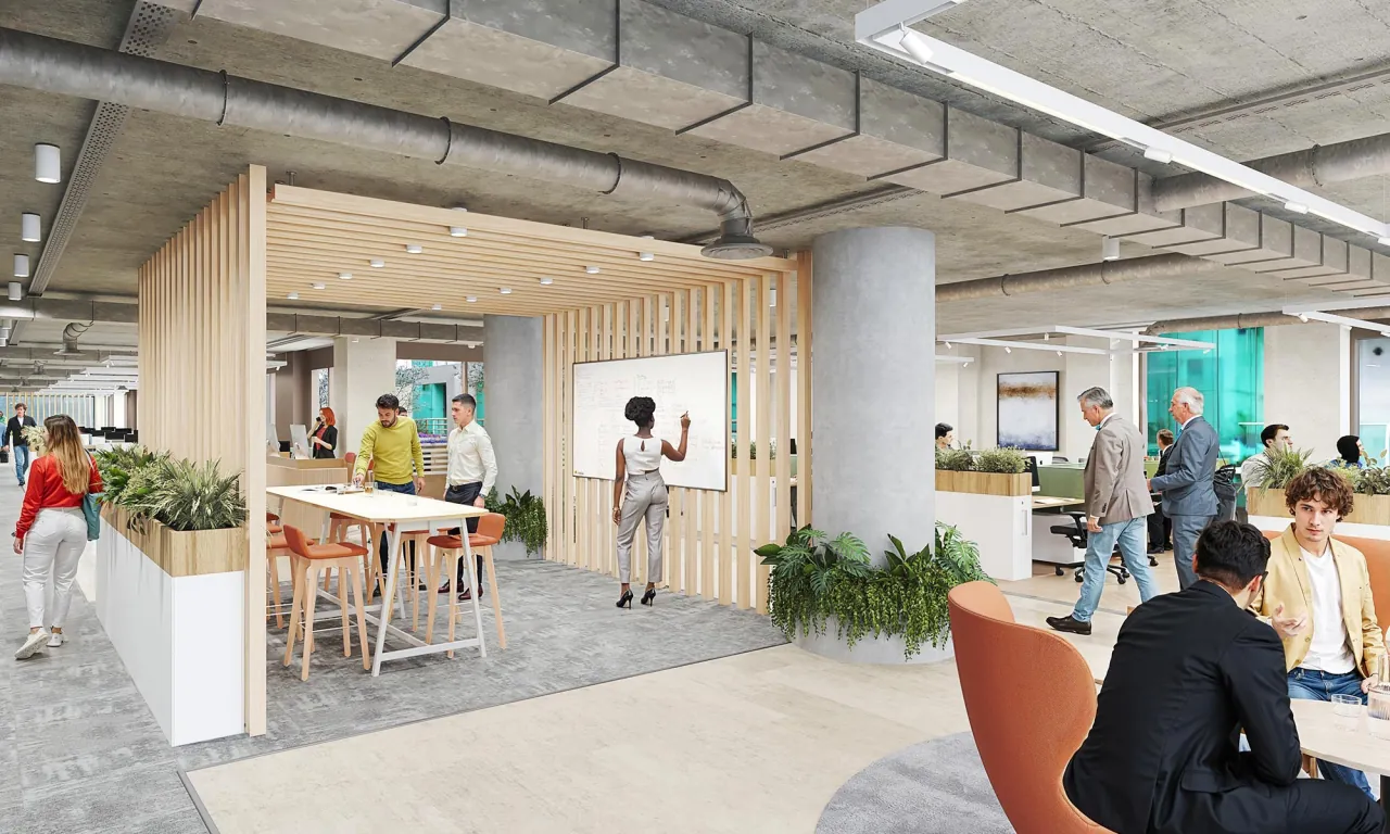 CGI of an open-plan office floor with timber screens, planting and a whiteboard