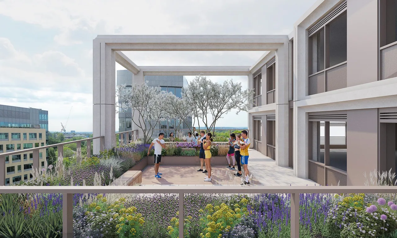 CGI of the roof terrace with planting under a white frame